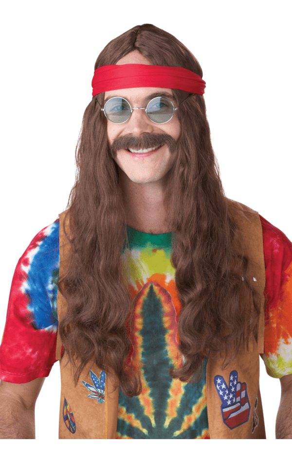 Parrucca e baffi da uomo hippie marrone: Joke.co.uk