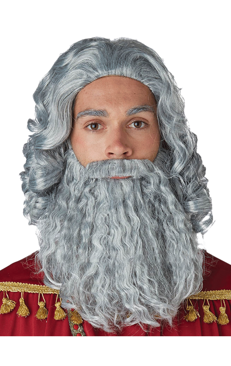 Parrucca e barba da re biblico grigio da uomo