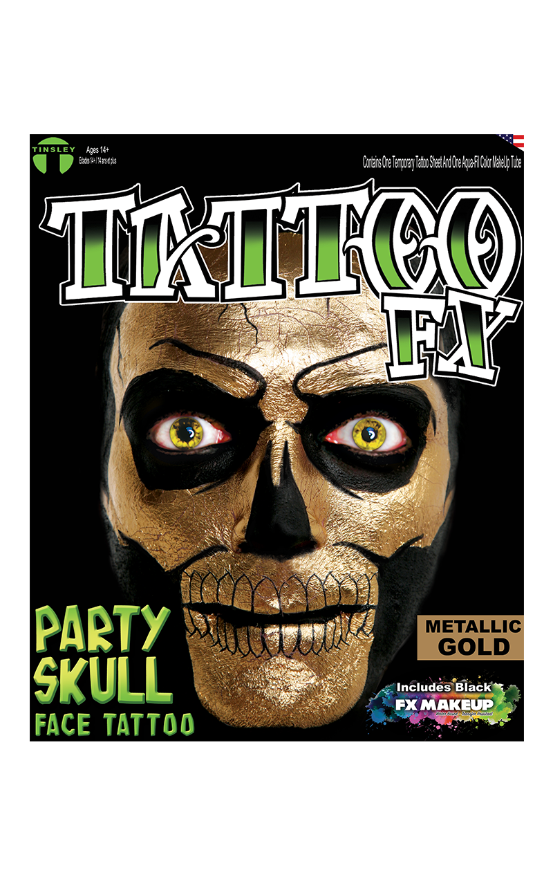 FX del tatuaggio del cranio del partito dell'oro metallizzato
